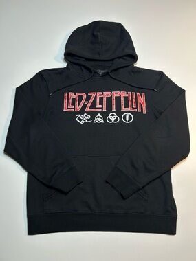 Led Zeppelin Red Outline Logo & Four Symbols Black Pullover Graphic Hoodie